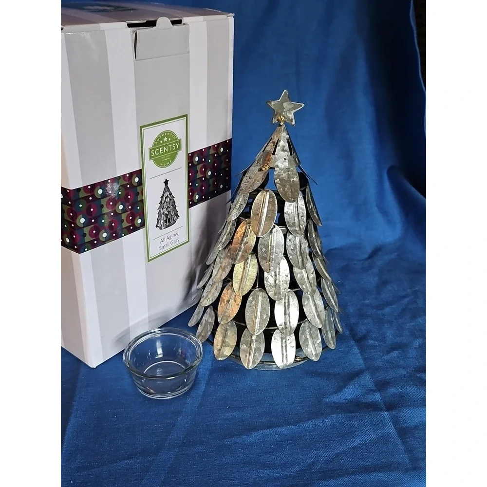 Scentsy Christmas Tree All Aglow Small Gray Metal Tree Wax Warmer Farmhouse Chic